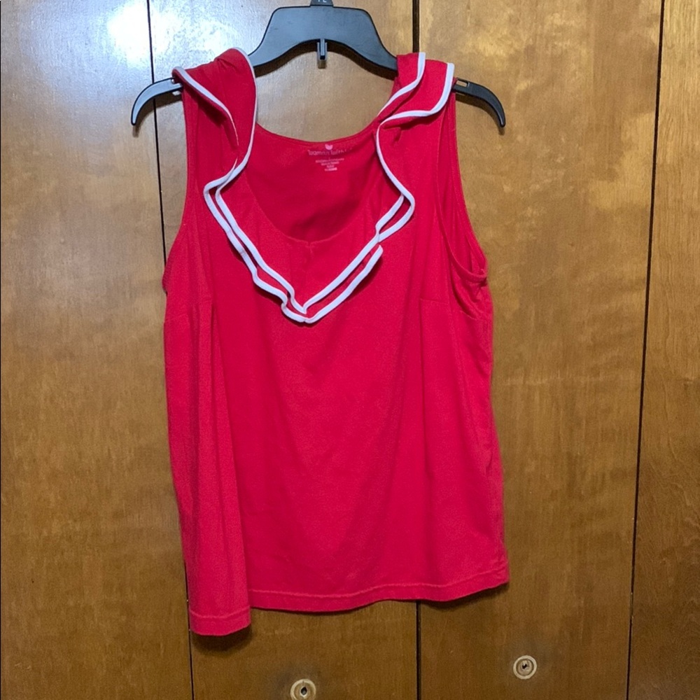 Woman Within Red Ruffled Tank Top with Sailor Collar